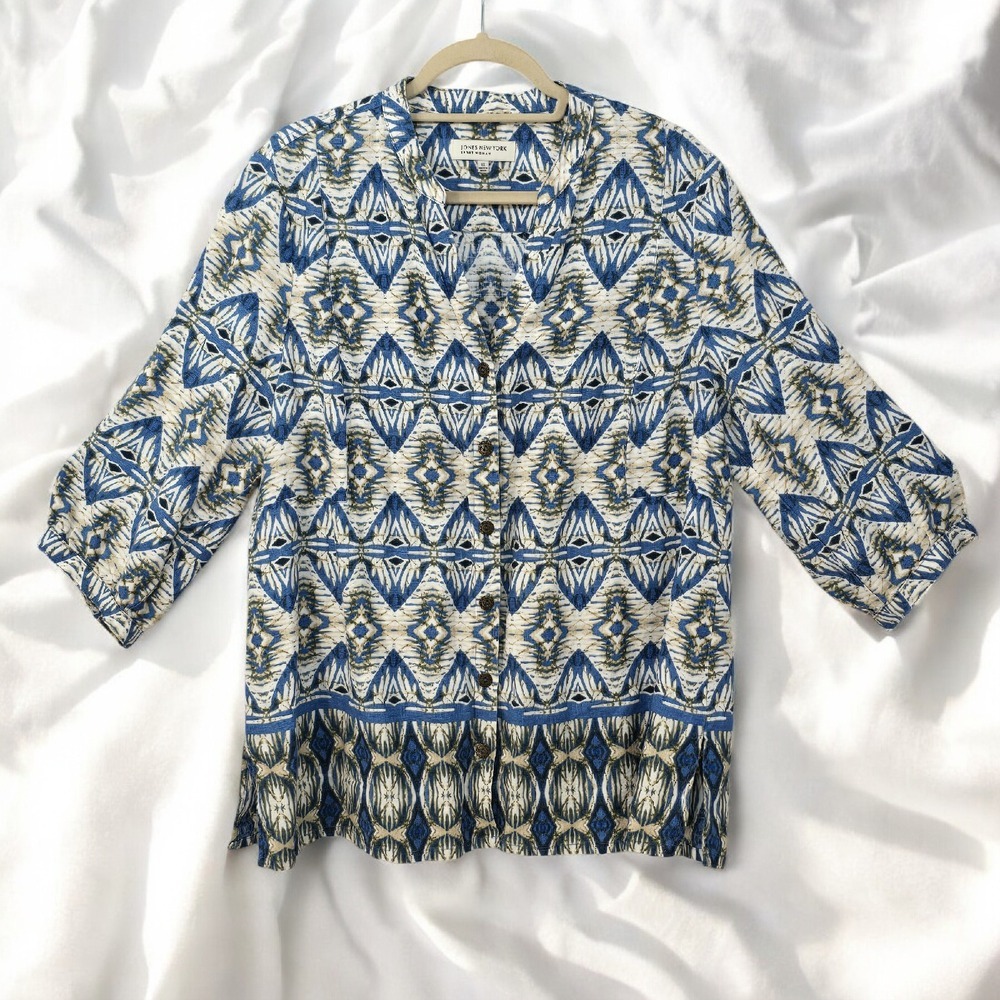 Jones New York Sport Woman 100%‎ Linen Button Down Shirt Blue Pattern Woman 1X